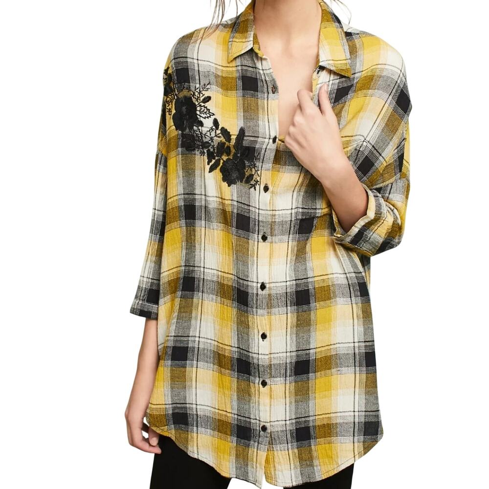 Maeve Anthropologie Plaid Flannel Tunic Floral Embroidered Oversized Shirt XS